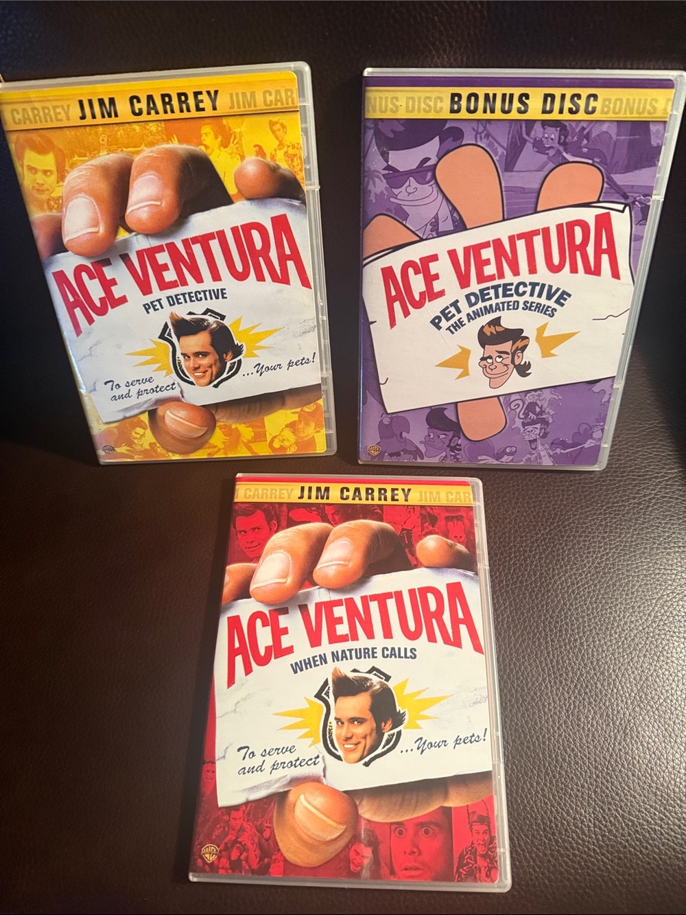 3 Ace Ventura DVD Bundle - Red, Purple, Yellow Pet Detective series.